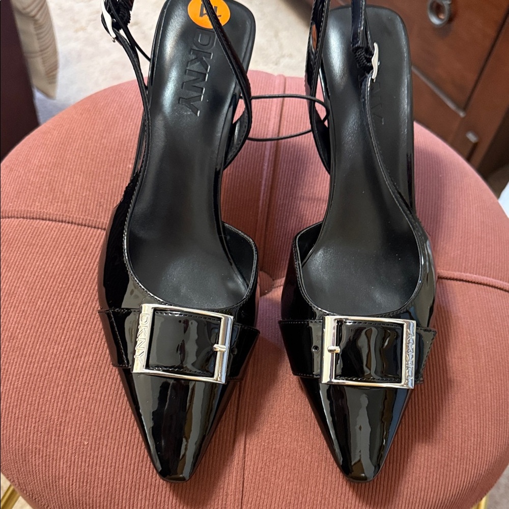 Brand new DKNY Black Patent Leather Heels with Silver Buckle